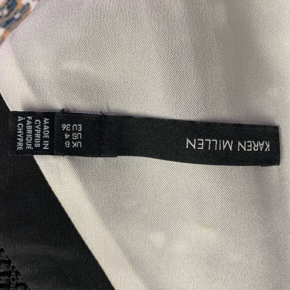 KAREN MILLEN Size 4 Black Green White Acetate Blend Abstract Mesh Sleeves Dress - Picture 5 of 6